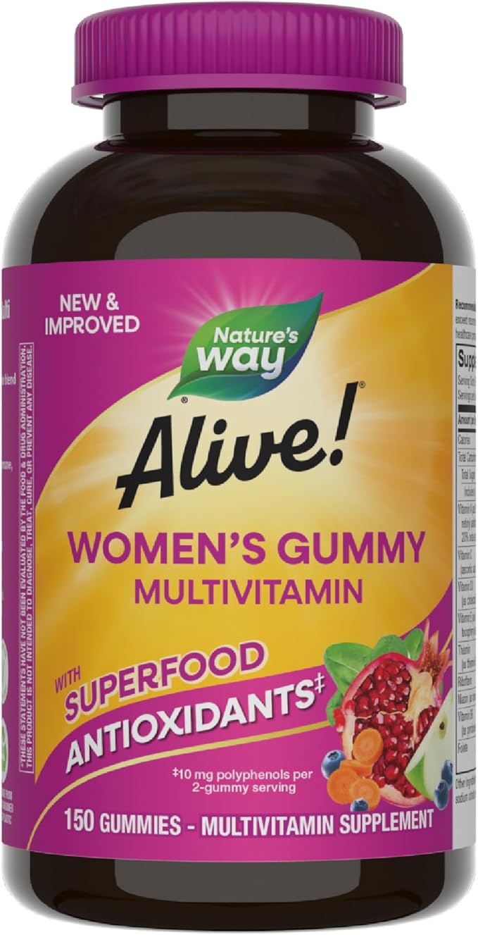 Nature's Way Alive! Women's Daily Gummy Multivitamins, 16 Vitamins & Minerals, Energy Metabolism*, Hair Skin & Nails*, Vegetarian, Mixed Berry Flavored, 150 Gummies (Packaging May Vary)