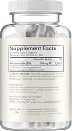 Vitamin B3 Nicotinamide 500mg - High Absorption Form of Vitamin B3 Niacin Flush Free for Hear Skin Brain and Energy Support - NAD Precursor - Made in a cGMP American Facility (180 Servings)