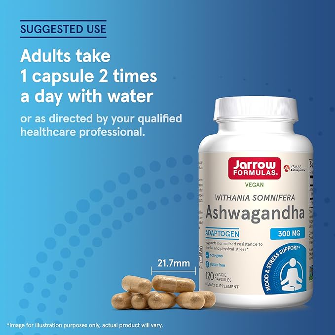 Jarrow Formulas Ashwagandha Capsules, 300 mg Supplement Supports Normalized Resistance to Mental and Physical Stress, 120 Veggie Capsules, 60 Day Supply
