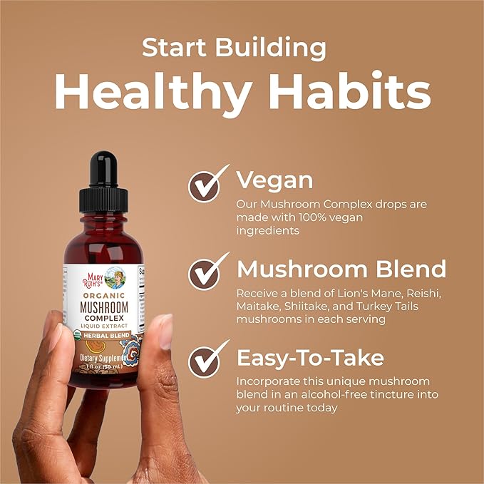 MARYRUTH'S Mushroom Complex | Lion's Mane | Turkey Tail | Reishi Mushroom | Shiitake Mushrooms | Alcohol Free | Mushroom Blend | Organic | Non-GMO | Vegan | 30 Servings