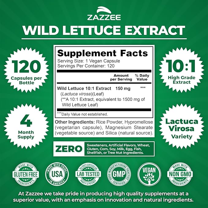 Zazzee Extra Strength Wild Lettuce 10:1 Extract, 120 Vegan Capsules, 4 Month Supply, Lactuca Virosa, Relaxation, Calm & Mood Support, Concentrated 10X Extract, 100% Vegetarian, Non-GMO, Made in USA