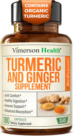 Turmeric Curcumin Supplement with Ginger Root for Joint Support, Digestive & Gut Health - Contains Organic Turmeric Curcumin with Black Pepper (Bioperine) for Enhanced Absorption - 180 Capsules