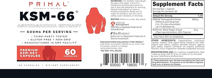 Primal KSM-66 Ashwagandha Complex (60 Capsules / 60 Servings, 600 mg Per Serving) - KSM-66 Ashwagandha with Black Pepper Extract, Gluten Free, Non-GMO