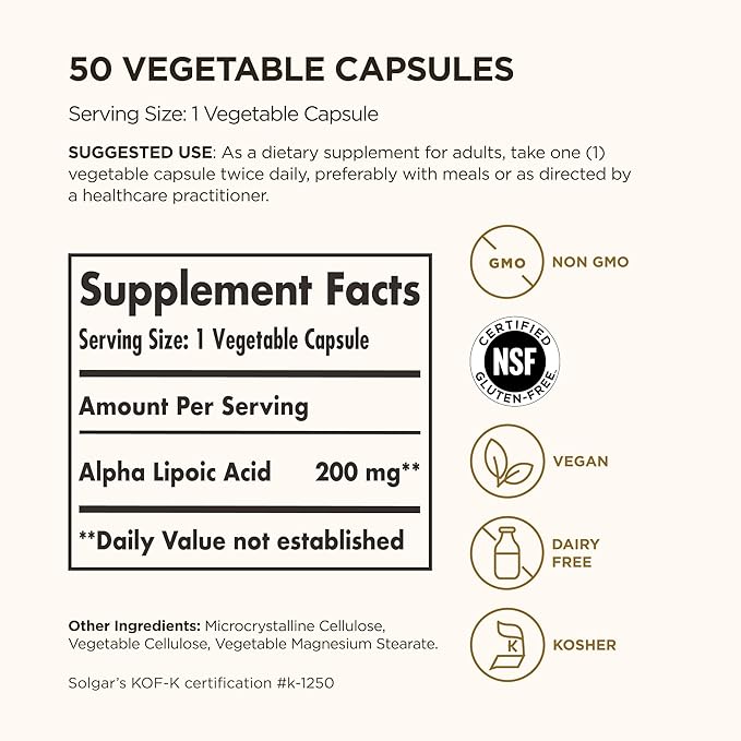 Solgar Alpha Lipoic Acid 200 mg, 50 Vegetable Capsules - Antioxidant Support - Helps to Recycle Glutathione, Vitamin C & E, CoQ-10 - Non-GMO, Vegan, Gluten Free, Dairy Free, Kosher - 50 Servings
