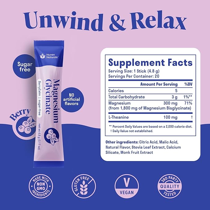 Magnesium Glycinate Powder + L-Theanine | 300 mg High Absorption Chelated Magnesium Powder for Sleep - Mixed Berry Flavor, No Sugar, Support Restful Sleep & Relaxation