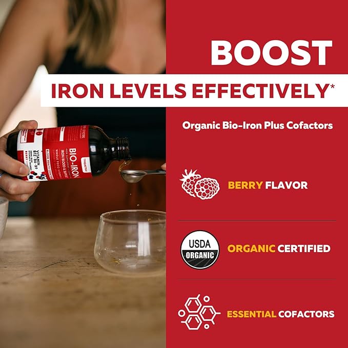 Liquid Iron Supplement | Organic Certified, Berry Flavor - Whole Food Vitamin C Absorption Boost & Blood Building B Vitamins - Methyl B12, L-Methylfolate & B6 - Supports Healthy Iron Levels - 7.6 oz