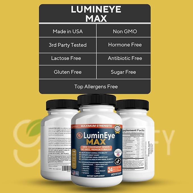 LuminEye MAX Eye Health Supplement, 60 Veggie Capsules, with Lutein, Bilberry Extract, 24 Premium Ingredients, Maximum Strength Vision Support (3)