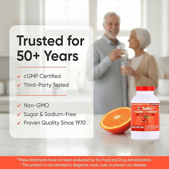 C-Salts Vitamin C Powder - 100% Pure Buffered Ascorbic Acid Powder for Daily Immune Support & Collagen Production - Stomach-Friendly Organic Vegan Non-GMO Sugar-Free - 84 Servings - Blood Orange, 8oz