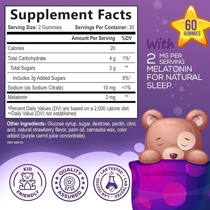 Kids Melatonin Gummies - 2mg Melatonin Per Serving - Children's Melatonin Gummy for Restful Sleep - Best Children's Chewable Sleep Supplement - Vegan, Non-GMO, Natural Berry Flavor - 60 Gummies