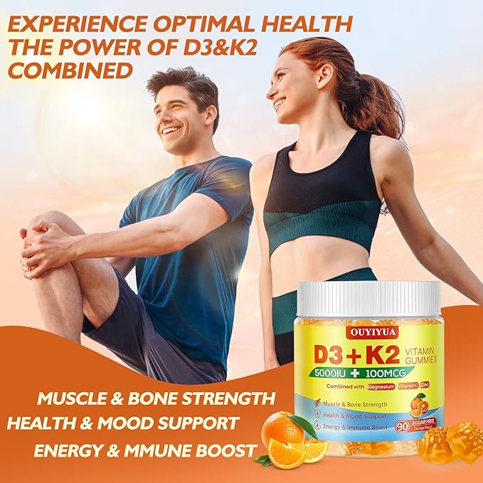 Vitamin D3 K2 Gummies，Vitamin D3 5000IU + K2 (MK-7) 100mcg Gummies for Adults | Immune Health Support, Teeth & Muscle Function Boost |90 Count