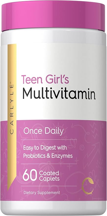Carlyle Teen Multivitamin for Girls | 60 Caplets | Once Daily | Easy to Digest with Probiotics & Enzymes | with Iron | Non-GMO, Gluten Free