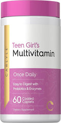 Carlyle Teen Multivitamin for Girls | 60 Caplets | Once Daily | Easy to Digest with Probiotics & Enzymes | with Iron | Non-GMO, Gluten Free