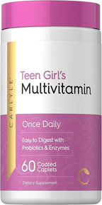 Carlyle Teen Multivitamin for Girls | 60 Caplets | Once Daily | Easy to Digest with Probiotics & Enzymes | with Iron | Non-GMO, Gluten Free