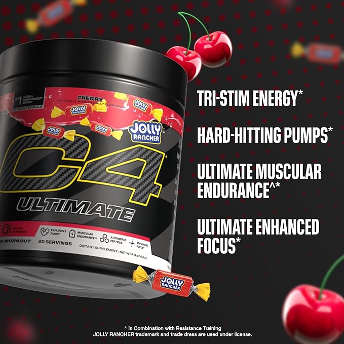 Cellucor C4 Ultimate Pre Workout Powder - Sugar Free Preworkout Energy Supplement for Men & Women - 300mg Caffeine + TeaCrine + Dynamine + Creatine - Jolly Rancher Cherry, 20 Servings