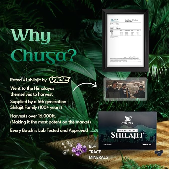Chuga Authentic Himalayan Shilajit Tablets for Men & Women | Chuga Shilajit | Organic | Harvested 16,000 Feet | Lab Tested in USA, 75+ Fulvic Acid, Grade A, Immune Booster, Shilajit Tablets (2 Pack)