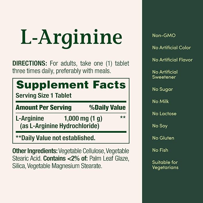 Nature’s Bounty L-Arginine 1000mg for Supporting Blood Flow and Vascular Function – Non-GMO, Gluten Free, 50 Tablets