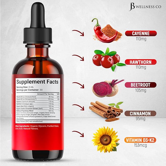Cayenne Pepper Supplement Liquid Drops + Hawthorn Berry, Vitamin D3 K2 Beet Root Powder, Ceylon Cinnamon, Turmeric Curcumin, Organic Panax Ginseng - 4oz