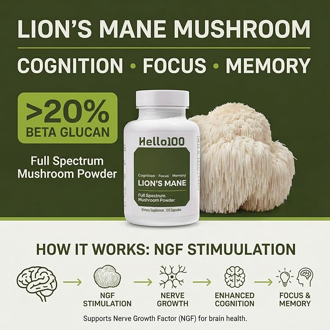 Lion’s Mane Mushroom Supplement 1000mg - Dual Extract for Focus Memory & Mental Clarity - High Potency Nootropic Brain Supplement with 20% Beta-Glucans - Fruiting Body & Mycelium - 60 Caps