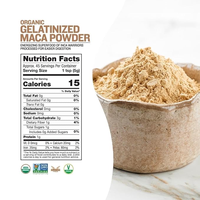 Sunfood Superfood Organic Gelatinized Maca Root Powder - Pure Raw Maca Powder for Women & Men, Use in Coffee or Smoothie, Certified USDA Organic, Non-GMO, Vegan, Gluten Free, Earth Kosher - 8 oz Bag