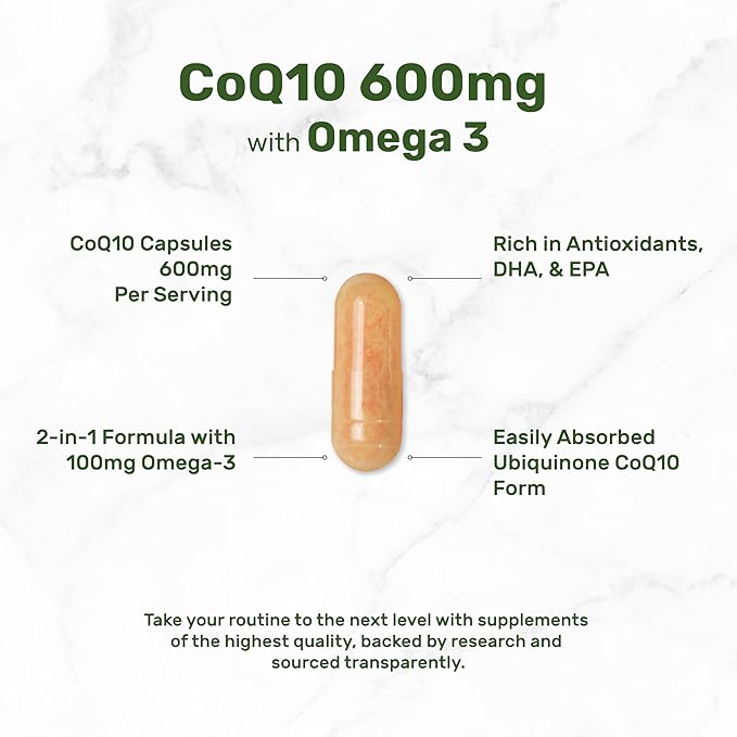 CoQ10 600mg, 120 Capsules – with Omega 3 Fatty Acid 100mg – Max Strength – Bioavailable Coenzyme Q10 Supplements – Heart, Energy, & Brain Health Antioxidant Support – Non-GMO