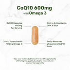CoQ10 600mg, 120 Capsules – with Omega 3 Fatty Acid 100mg – Max Strength – Bioavailable Coenzyme Q10 Supplements – Heart, Energy, & Brain Health Antioxidant Support – Non-GMO