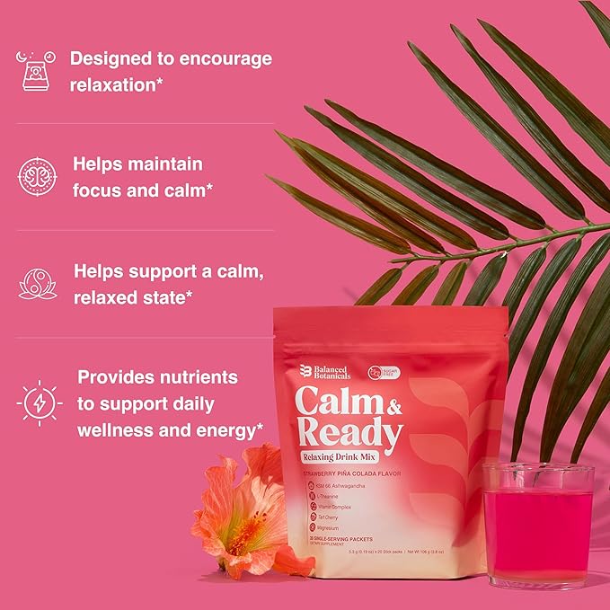 Calm and Ready Powder Drink Mix, with Magnesium Glycinate, Ashwagandha KSM 66, L Theanine, and Tart Cherry, Relaxation Support Supplement, Strawberry Pina Colada, 20 Travel Packets