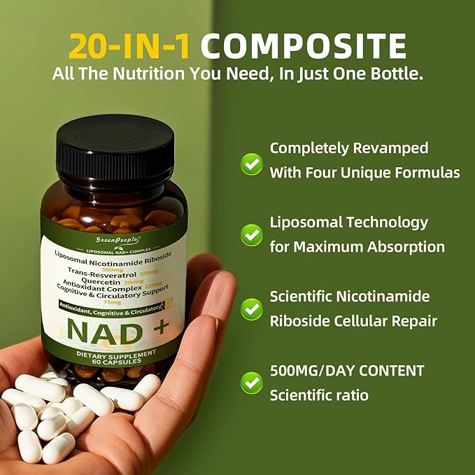 NAD+ Supplement for Women with Resveratrol , 20-in-1 NAD Plus Supplement with Liposomal Nicotinamide Riboside Boost NAD+ Levels for Cell Repair Energy, Antioxidant,Focus - 60 Vegan Capsules