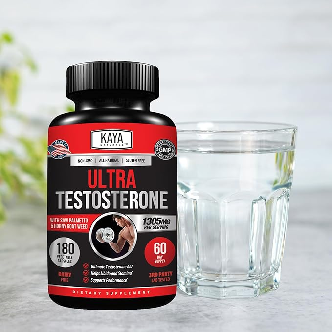 Kaya Naturals UltraTest- Men's T Booster with Tongkat Ali, Horny Goat Weed, Tribulus - Natural Workout Supplement for Energy, Stamina, and Strength Booster - 180 Count