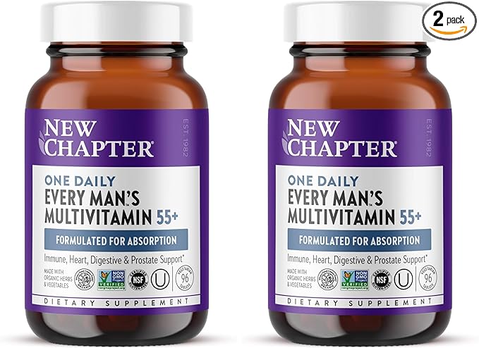 New Chapter Men’s Multivitamin 55+, Extra B6 & B12, D3, Astaxanthin, Vitamin C & Zinc, Immune, Heart, Cellular Energy, and Brain Health, Gentle on The Stomach,1 Daily, Non-GMO, 96 Tablets (Pack of 2)