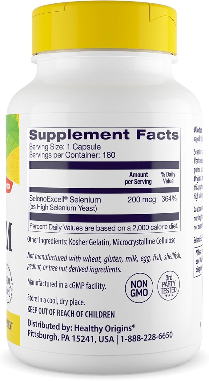 Healthy Origins Selenium 200 mcg, 180 Capsules - SelenoExcell High Bioavailability Organically Bound Fermented Selenium - Supports Immune System Function, Thyroid Health & Healthy Cellular Support