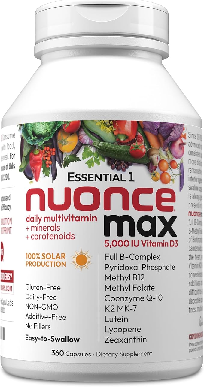 ANDREW LESSMAN Essential-1 nuonce max Multivitamin 5000 IU Vitamin D3 360 Small Capsules. 100 mcg Methyl B12. CoQ10 Lutein Lycopene Zeaxanthin. High Potency. No Additives. Ultra-Mild One Daily Capsule