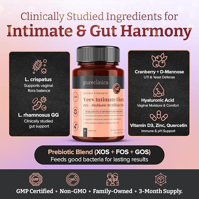 Veev Intimate Flora - Vaginal & Gut Microbiome Support – 50 Billion CFU – Probiotics, Prebiotics, Cranberry, D-Mannose, Hyaluronic Acid – 90 Caplets – 3 Month Supply