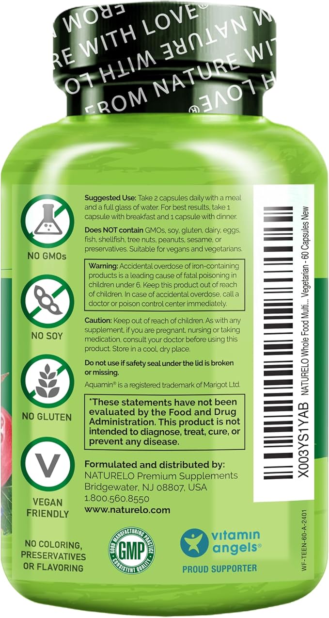 NATURELO Multivitamins for Teenage Girls/Boys, 60 Capsules, Whole Food Multivitamin with Minerals, Non-GMO, Vegetarian