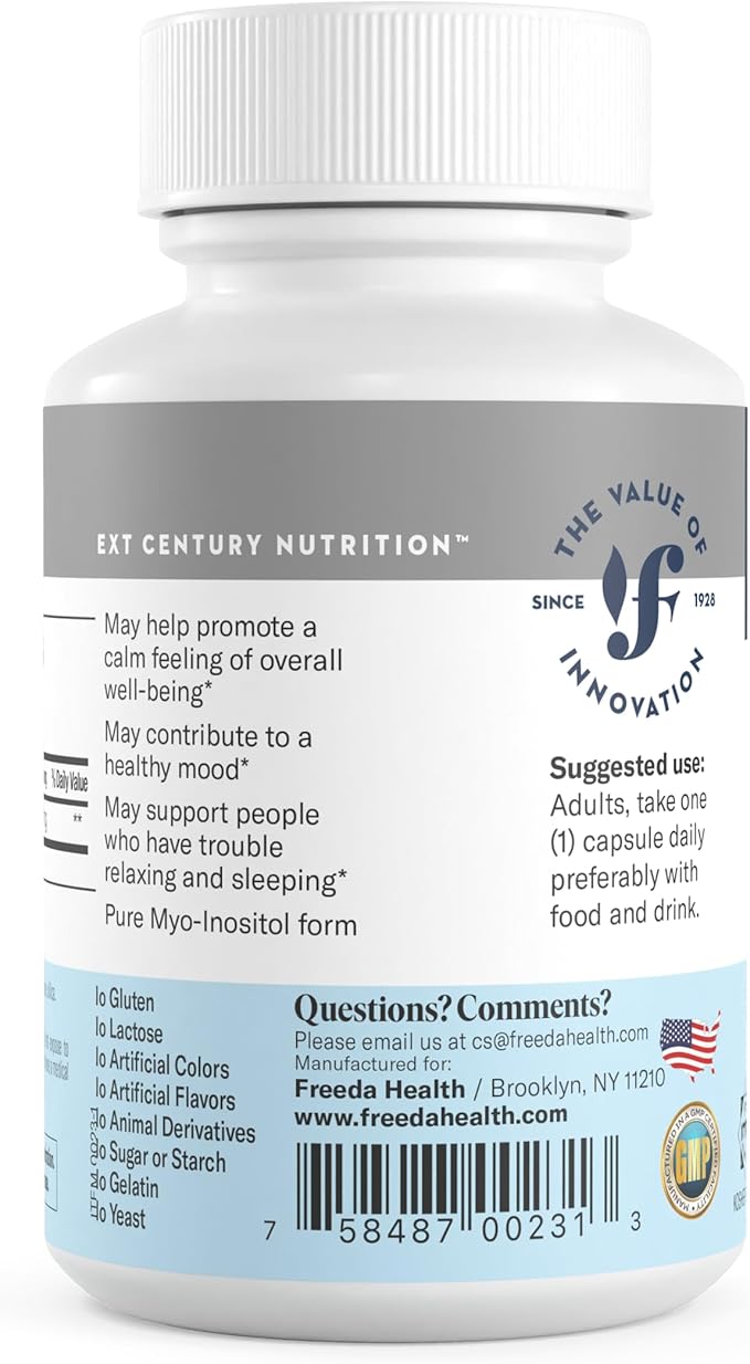 FREEDA Pure Inositol Capsules - 650 mg Inositol Supplement from Myo-Inositol - Mood and Calm Support - Vegetarian and Kosher Certified Vitamin B8 (Inositol) Supplements - Made in USA (100 ct)