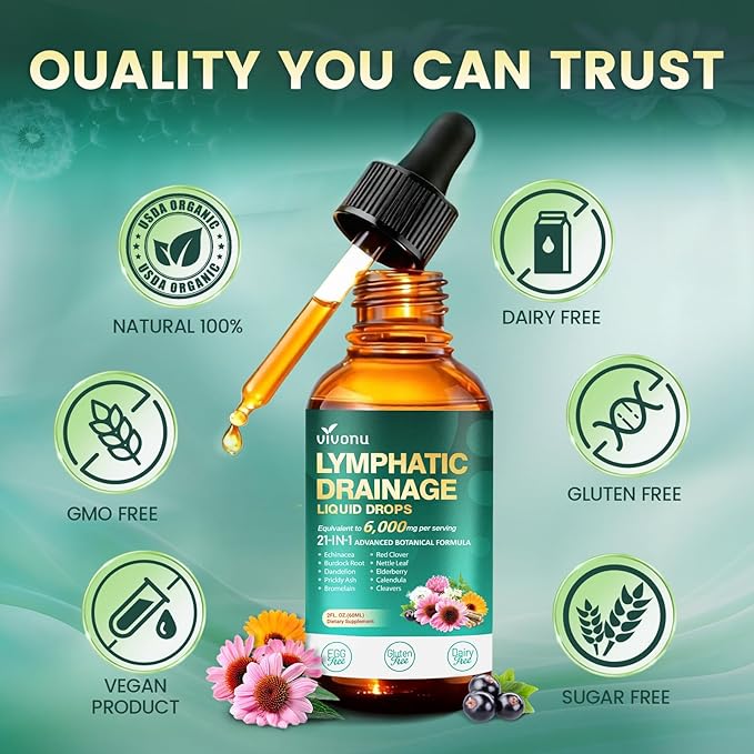 21-in-1 Lymphatic Drainage Drops for Liposomal, Immune & Lymph System Support Supplement for Women & Men with Echinacea, Dandelion, Burdock, Bromelain, Calendula, Turmeric & More, 2 FL OZ