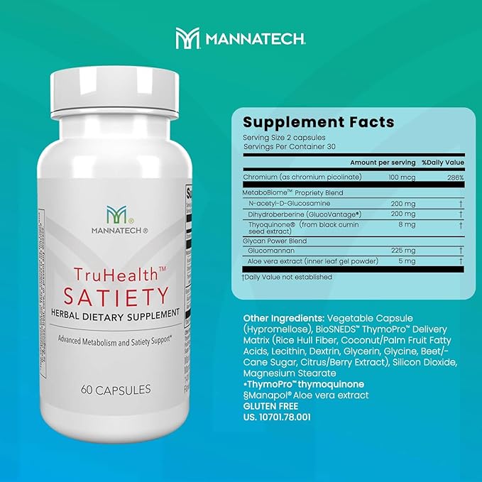 Mannatech - TruHealth Satiety - Encourages Mindful Eating & Balanced Habits, Gut Health Formula with MetaboBiome Blend & Chromium - 60 Capsules