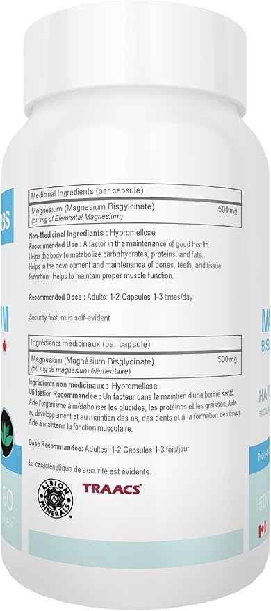 Magnesium Bisglycinate – Highest Absorption – Premium Grade – No Fillers – Non Buffered – 90 Veg Caps – 500mg Magnesium Bisglycinate per Cap (50mg Elemental Magnesium)