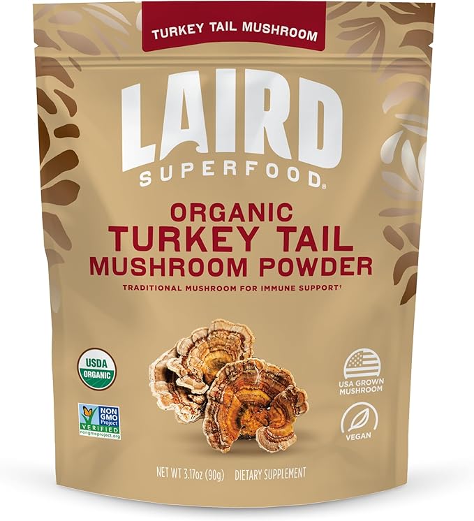 Laird Superfood Organic Turkey Tail Mushroom Powder for Immune Support, 3.17 oz. Bag, Pack of 1