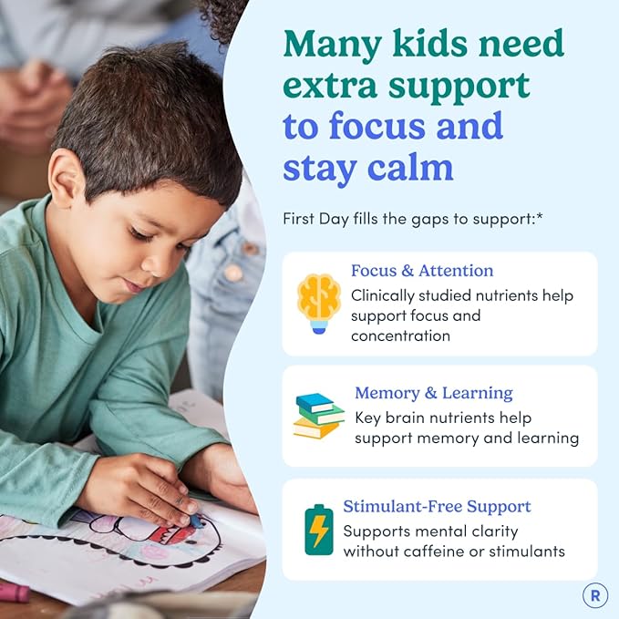 FIRST DAY Kids Focus & Brain Supplement Gummies Ages 4+ | Attention & Calm Support with Cognizin® Citicoline & Phosphatidylserine | Organic, Vegan | 30-Day Supply