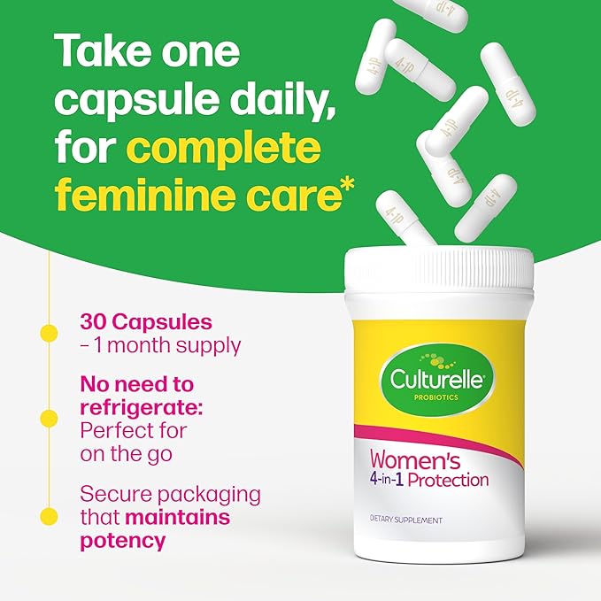 Culturelle 4-in-1 Probiotics for Women, Daily Probiotic & Prebiotic Supplement to Support Vaginal Health, Digestive Health, Immune Health, Occasional Diarrhea, Gas & Bloating Relief, Non-GMO, 30 Count