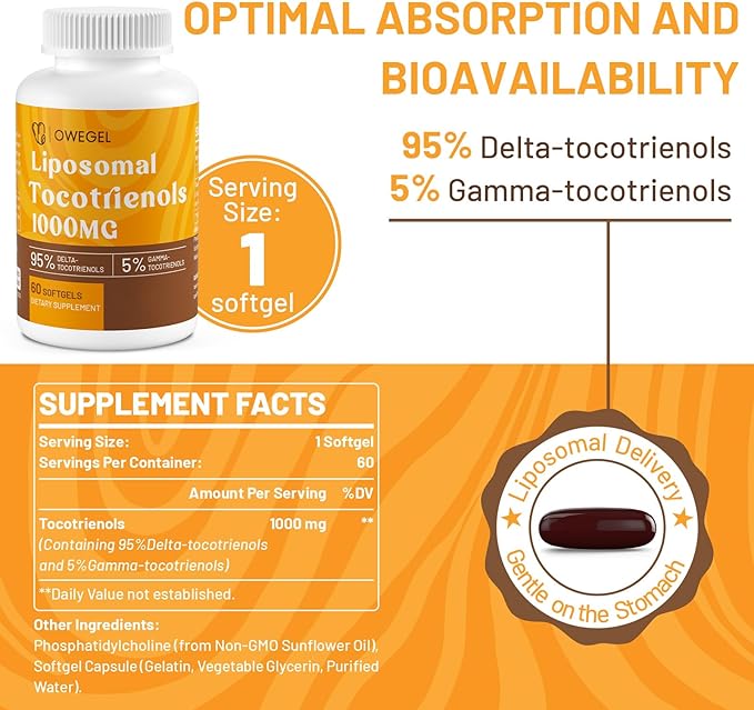 Liposomal Vitamin E Tocotrienols 1000mg - High Potency Tocotrienol Supplements,95% Delta & 5% Gamma Tocotrienols Capsules