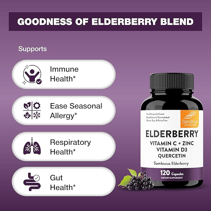 Elderberry Vitamin C and Zinc Capsules for Adults | 240 Count with Quercetin & Vitamin D3 | 6-in-1 Immune Support Supplement Pills | Sambucus Black Elderberry Natural Immunity Vitamins | Made in USA