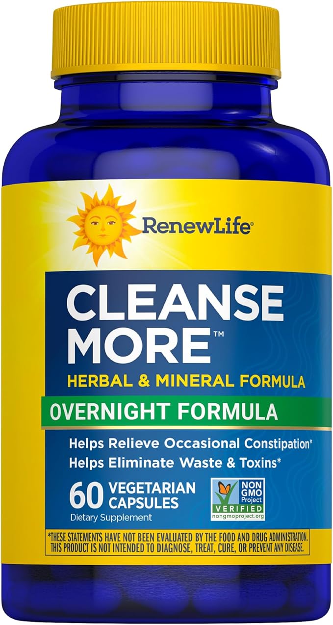 Renew Life Cleanse More Herbal Formula with Magnesium for Overnight Occasional Constipation Relief; Helps Promote Waste and Toxin Elimination; Gluten, Dairy and Soy Free; 60 Vegetarian Capsules*