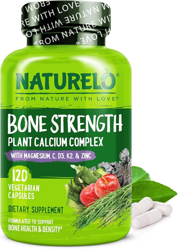 NATURELO Calcium Supplement - with Vitamin C, Vitamin D3, K2, and Calcium Magnesium Zinc for Bone Strength with Calcium 600mg - Plant-Based, 120 Vegetarian Capsules, Non-GMO, Soy & Gluten-Free
