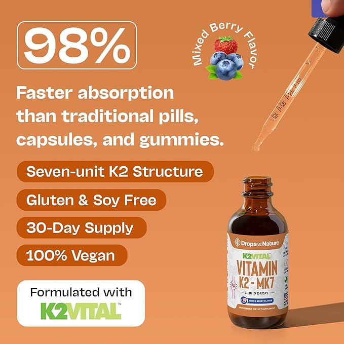 Vitamin K2 MK7 Liquid Supplement – Pure K2MK7 Menaquinone-7 (100 mcg) – Vegan, Non-GMO & Fast-Absorbing – Daily K2 Vitamin Supplement for Bone Strength & Cardiovascular Support (Mixed Berry, 60ml)
