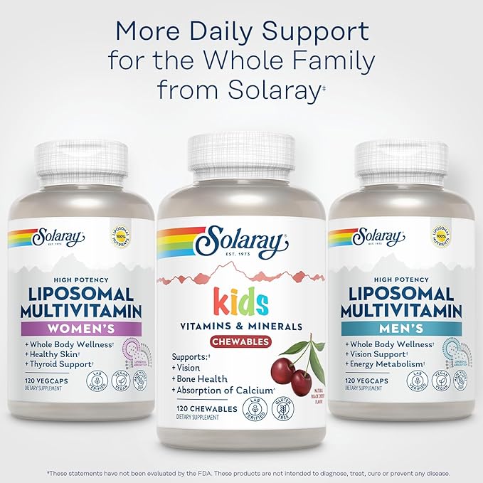 SOLARAY Kid's Vitamins & Minerals, Multivitamin for Kids - Bones, Vision, Heart Health Support w/Vitamin C, Vitamin D and B2, Iron - Gluten Free, 120 Black Cherry Chewables, 60 Servings