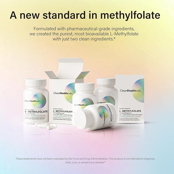 CleanHealthLab L-Methylfolate 15mg, 5-MTHF Active Folate - Maximum Potency Methylated Vitamin B9 Supplement - Support for Brain Health, Energy, Nerves, and Methylation with No Fillers (120 Count)