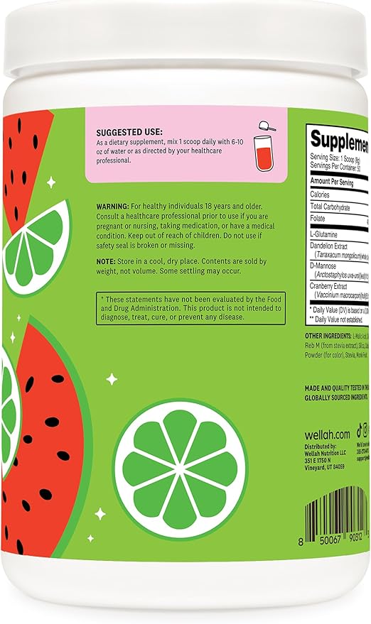 Wellah L-Glutamine Powder Watermelon Lime (50 Servings) - 5g L-Glutamine Per Serving, Sweetened with Stevia