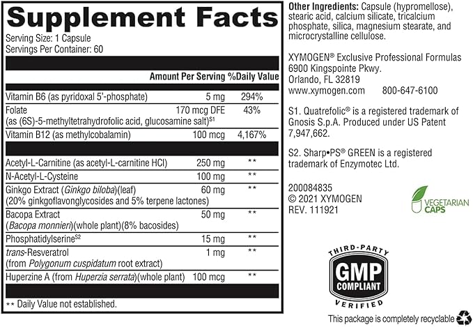 XYMOGEN MemorAll - Brain Support Supplement - Vitamins + Botanicals That Support Cognitive Function and Healthy Memory - Folate, Ginkgo, NAC, Phosphatidylserine, B12, B6, Huperzine A (60 Capsules)