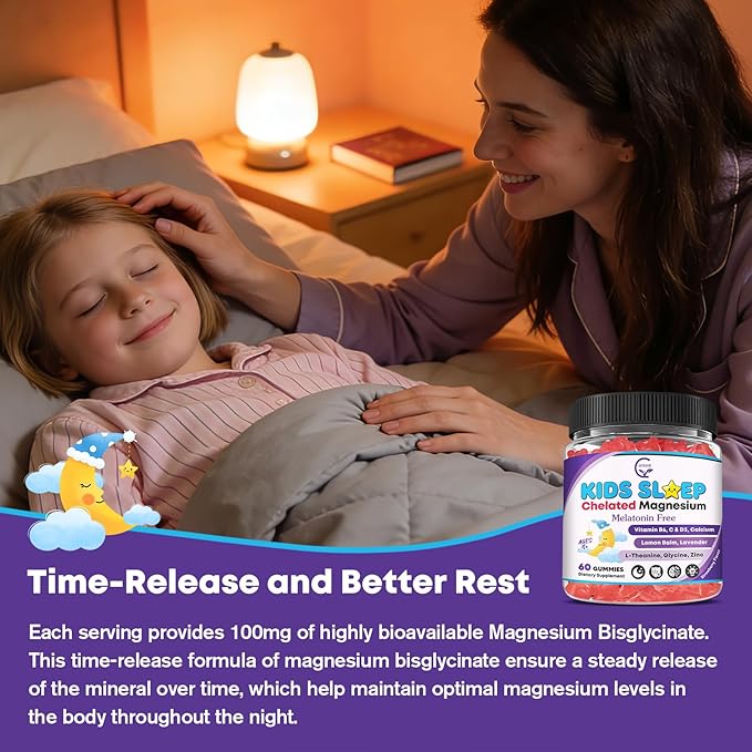Kids Sleep Gummies, Magnesium Bisglycinate 100/200 mg + 200/400 mg Calcium Citrate for Kids 4+, w/L-Theanine, B6, Zinc, D3K2 & GABA, Lemon Balm, Chamomile Extract for Zzz & Relax, Bone, Muscle -2 Pack